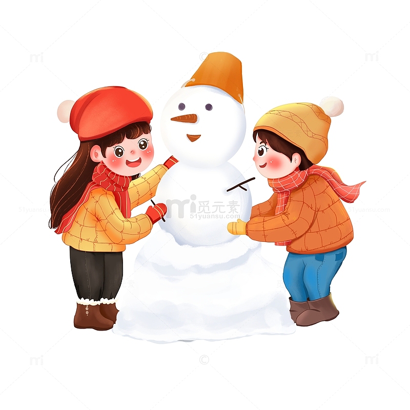 手绘卡通可爱堆雪人玩雪男孩女孩人物素材