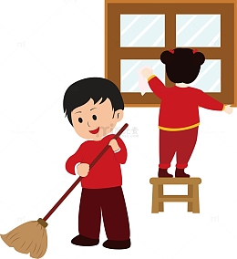 卡通喜庆新年小年习俗除尘打扫元素