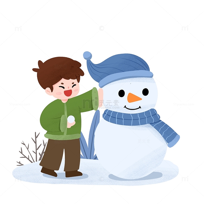 创意冬天雪地场景男孩堆雪人手绘图