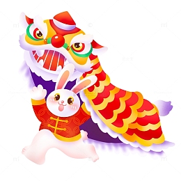 红色可爱卡通舞狮子兔子元宵手绘元素
