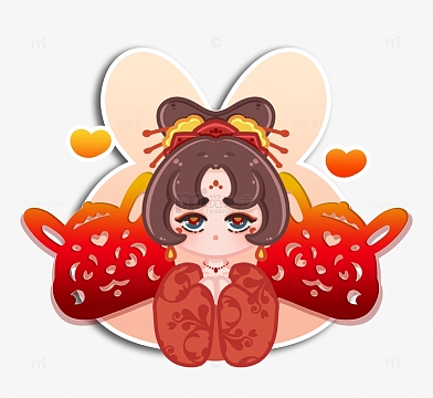 卡通除夕剪窗花小年汉服兔年女孩手绘