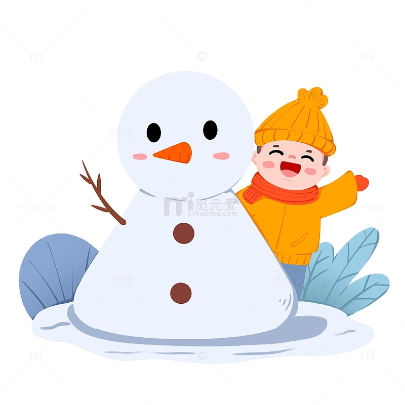 手绘橙色小男孩和雪人打招呼