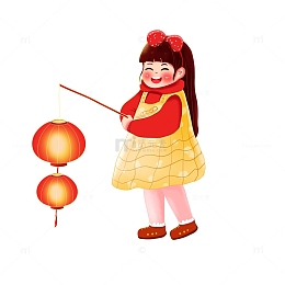 手绘卡通可爱元宵节喜庆赏花灯拿灯笼人物