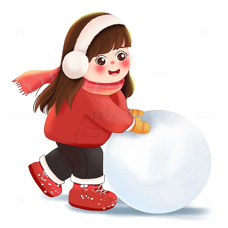 冬天下雪滚雪球可爱卡通女孩人物雪人大雪