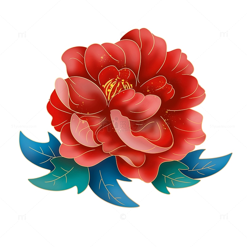 手绘国潮红色牡丹花元素