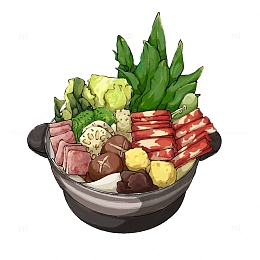 火锅 蔬菜 肉片 莲藕  手绘 插画