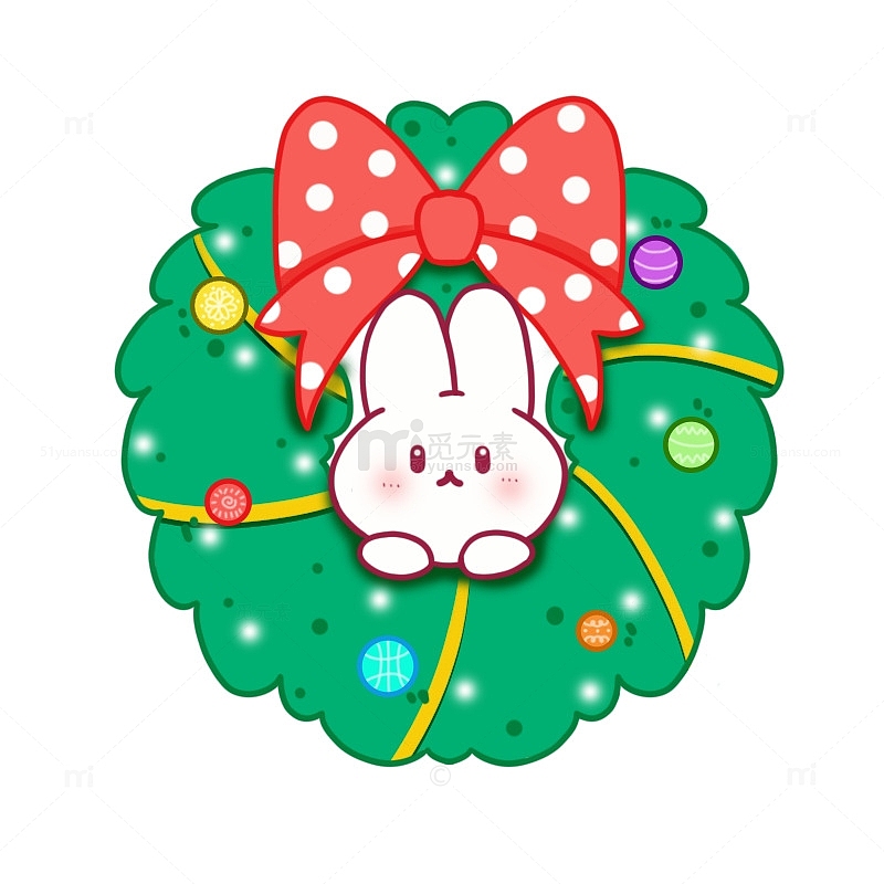 可爱小兔子蝴蝶结圣诞彩球花环手绘图
