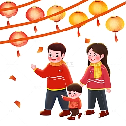 手绘卡通一家人元宵节赏花灯灯笼