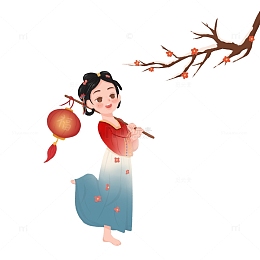 清新喜庆春节手绘汉服女孩灯笼梅花素材
