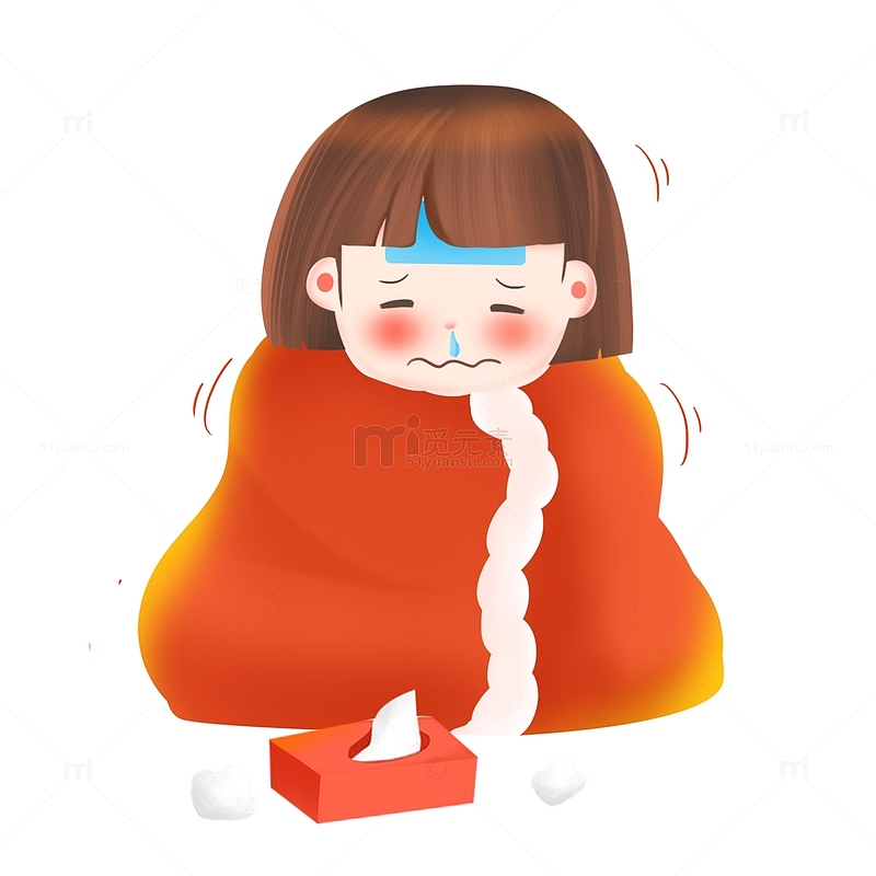 感冒发烧的小女孩流感元素