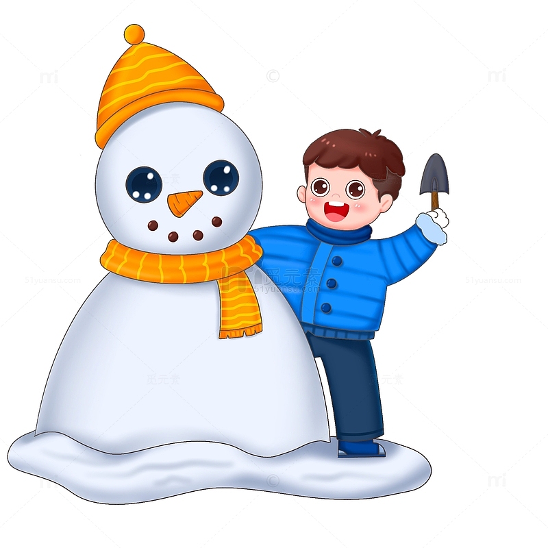 男孩拿着铁锹堆雪人场景元素