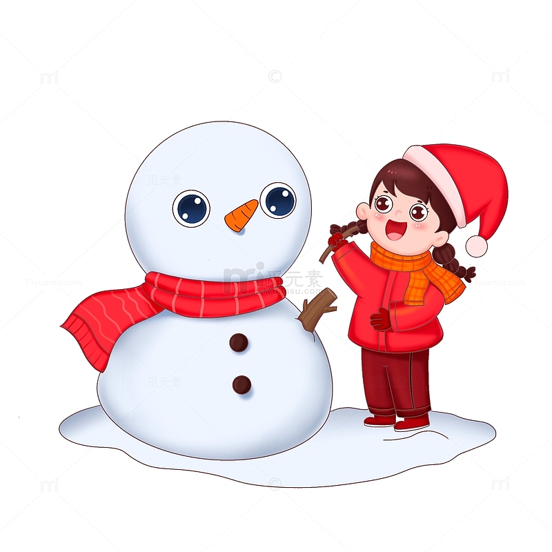 红衣服小女孩冬季堆雪人场景元素