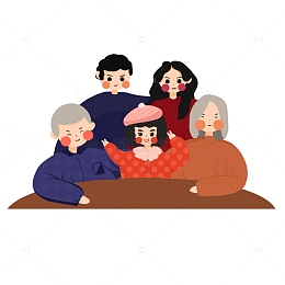 手绘卡通春节元旦新年一家人团年饭团圆聚会