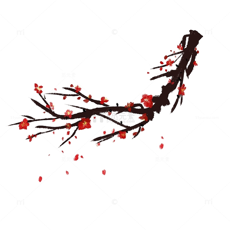 中国水墨风树上一枝梅花盛开元素