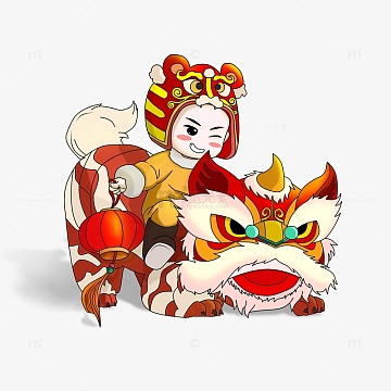 骑着狮子带虎头帽拿着灯笼的新春卡通男孩