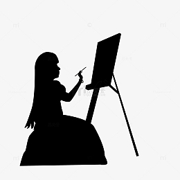 卡通剪影黑白女孩画画手绘图