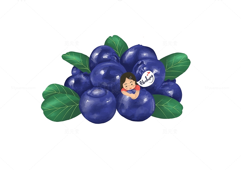 蓝色小清新水彩蓝莓手绘人物