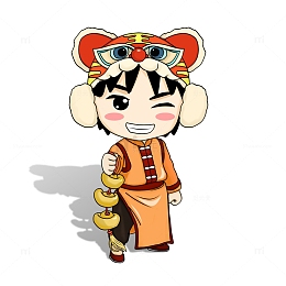 新春春节戴虎头帽拿元宝的卡通喜庆男孩