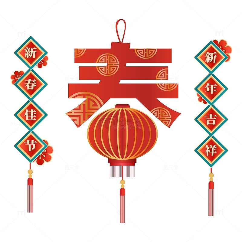 红色中国风春节灯笼装饰元素矢量图