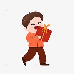 新年除夕小男孩手抱新年礼物手绘图