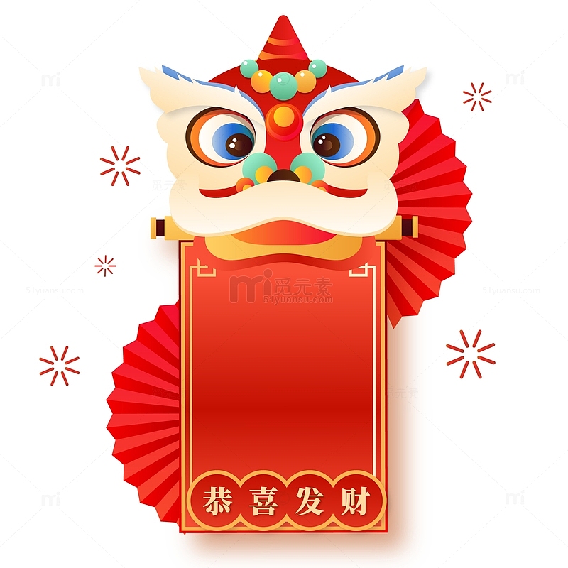 红色中国风国潮舞狮卷轴新春装饰元素