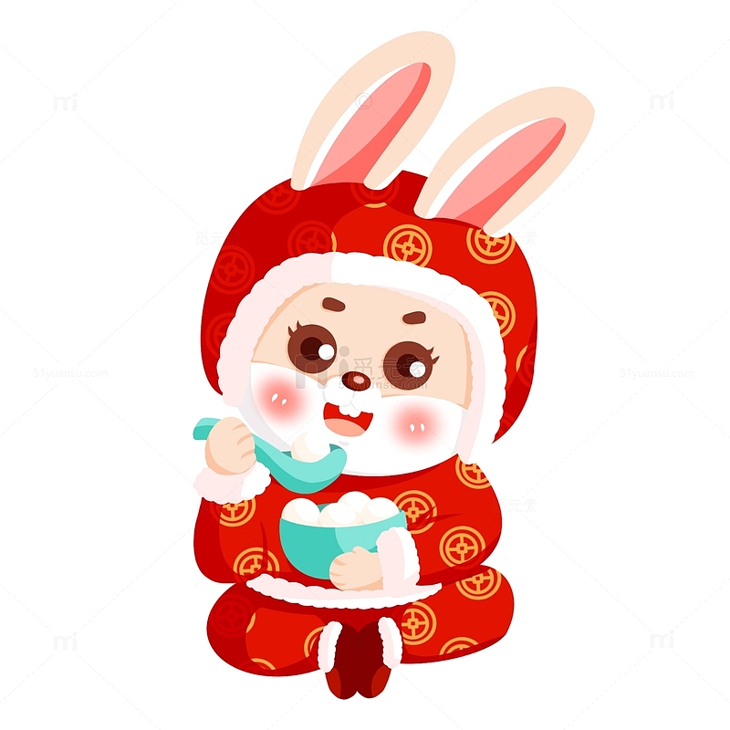穿红棉衣吃汤圆兔子兔年元宵节手绘图