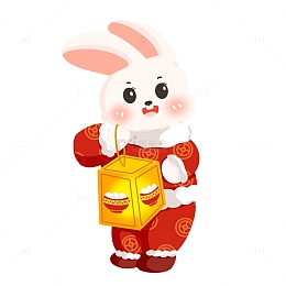 穿红衣提灯笼的兔年元宵节手绘图