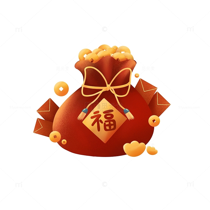 兔年新年红色喜庆福袋铜钱红包元宝插画