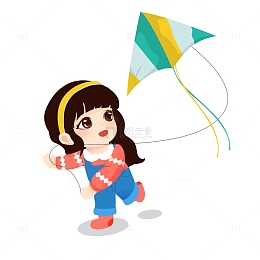 手绘绿色春天放风筝的女孩元素