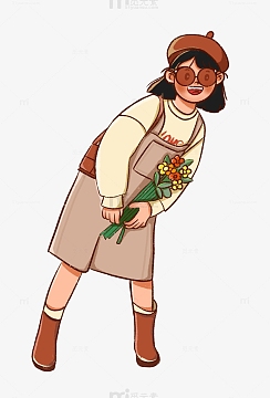 简约可爱手捧花束短发女孩人物插画