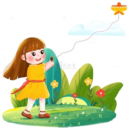 手绘卡通绿色小清新草地春天放风筝女孩人物