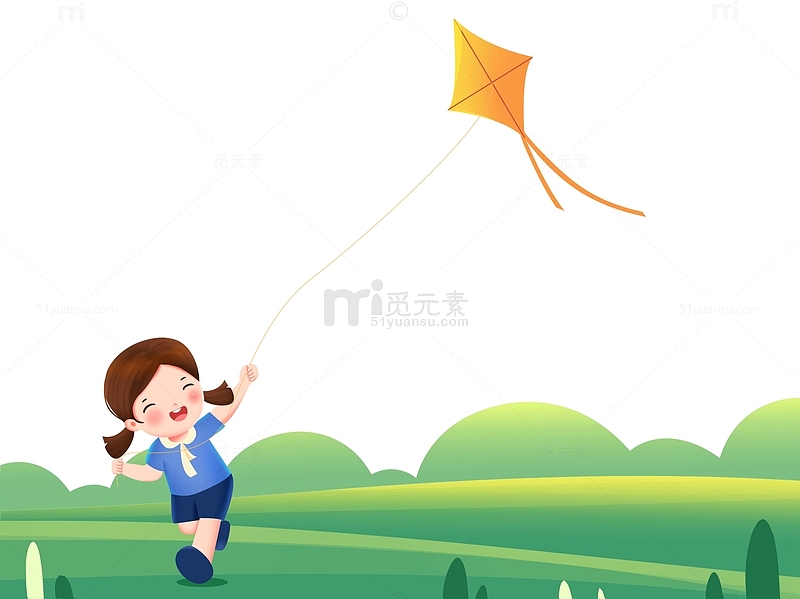 绿色小清新春天放风筝的女孩元素