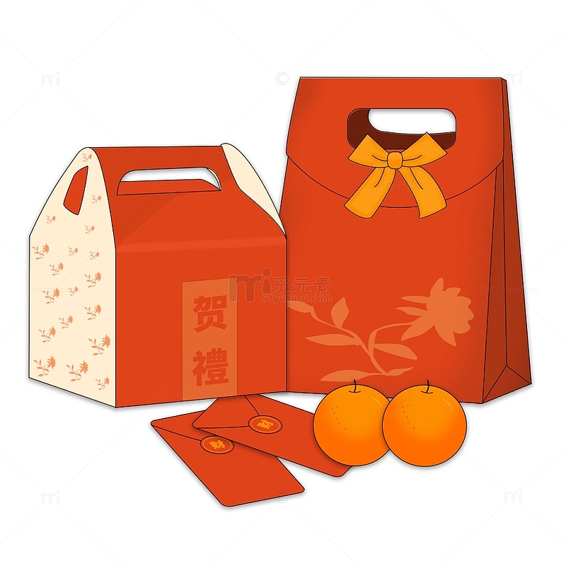 红色年货礼物红包橙子年货节手绘插画