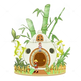 绿色小清新住竹与茶卡通茶壶小屋立春手绘图
