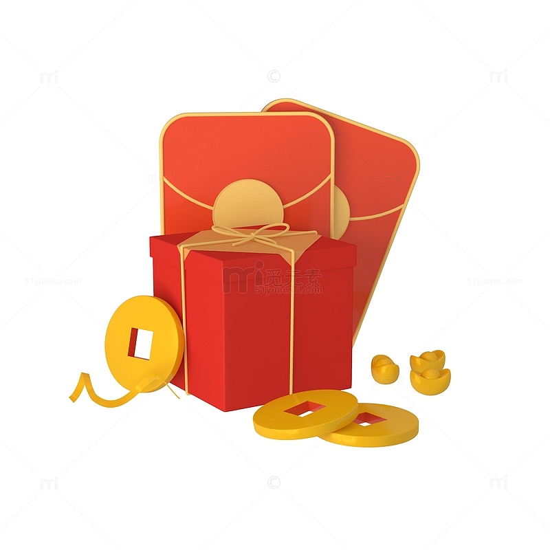 C4D年货节礼盒元宝铜板红包喜庆过年