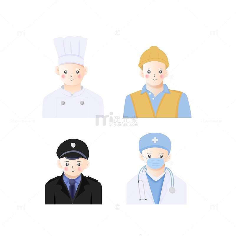 矢量厨师工人警察医生头像职业人物