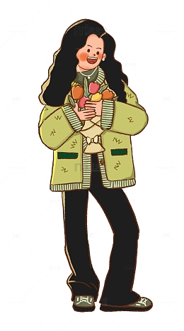 抱束花长发时尚穿搭甜酷女孩人物插画