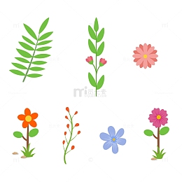 彩色春天鲜花草叶子免扣元素
