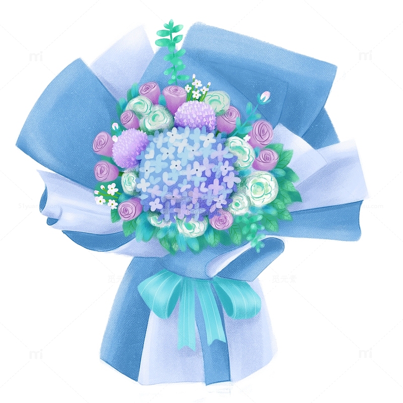 蓝色轻质感花束绣球花桔梗玫瑰花元素