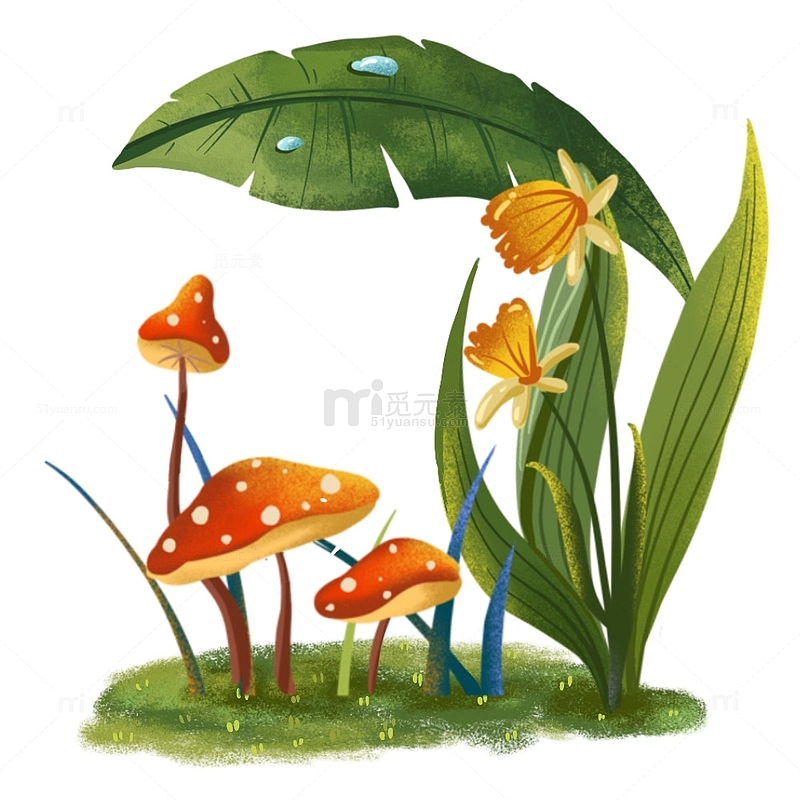 卡通风春季初春立春花草草地鲜花蘑菇元素