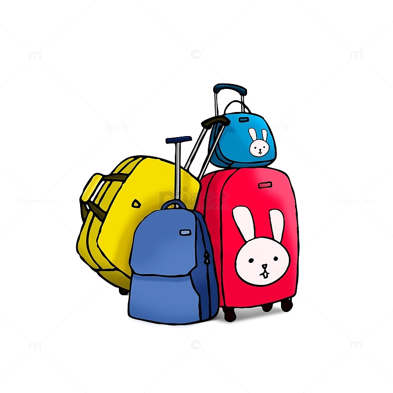 堆积的红色黄色蓝色卡通行李箱