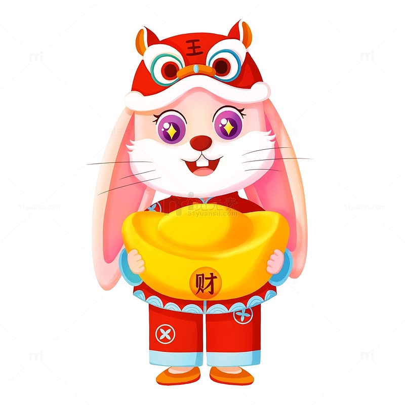 春节红色喜庆兔子新年元宝兔年发财手绘插画