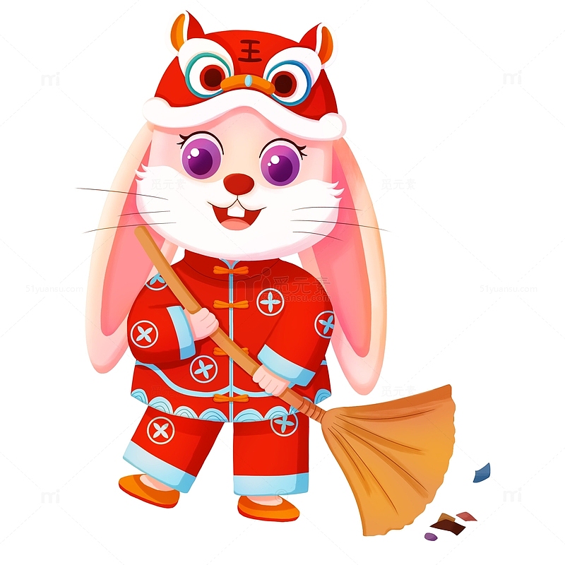 红色喜庆春节兔子扫地新年大扫除除尘手绘
