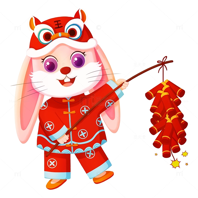 红色喜庆春节兔子放鞭炮新年过年手绘元素