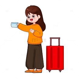 女孩拉着行李拿着车票开心回家过年