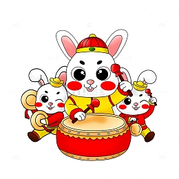 兔年贺新春敲锣打鼓的喜庆卡通兔子