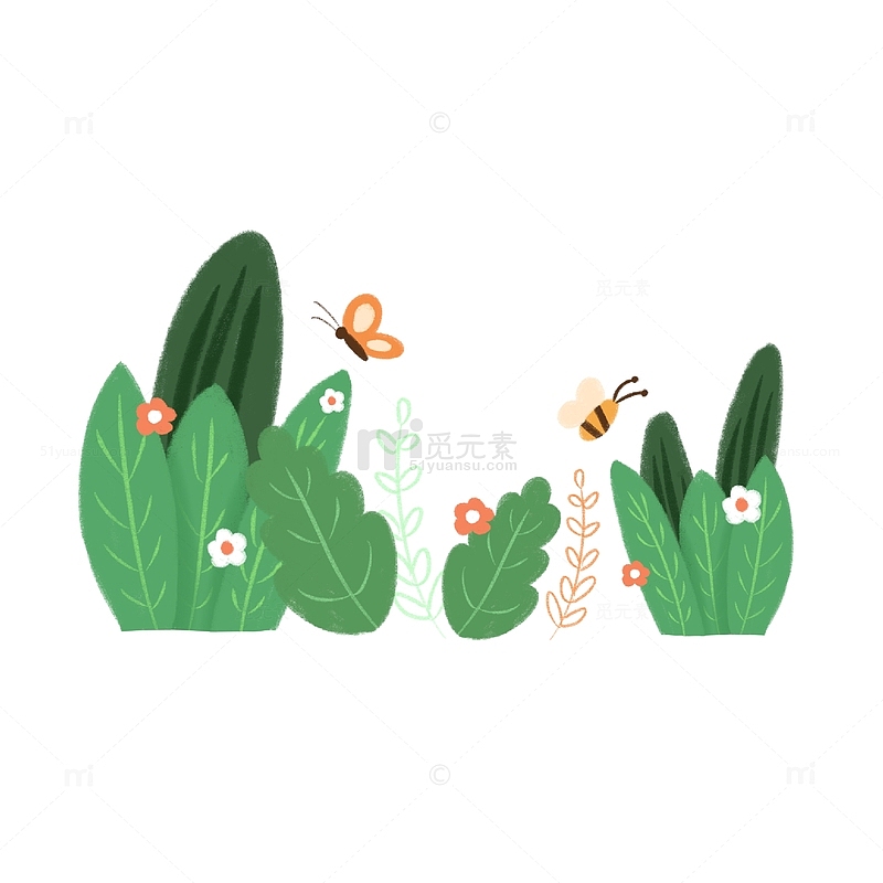 手绘立春鲜花草丛春天绿植物草堆装饰插画