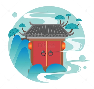 绿色国风中国风仙气门口建筑红大门