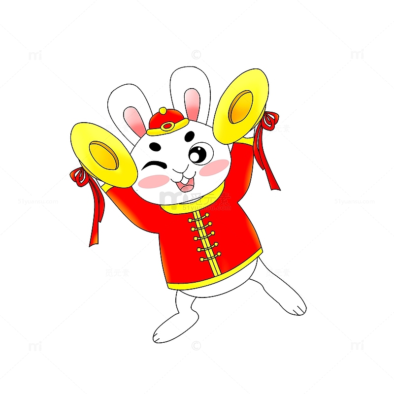 兔年新春打锣敲锣的喜庆卡通兔子