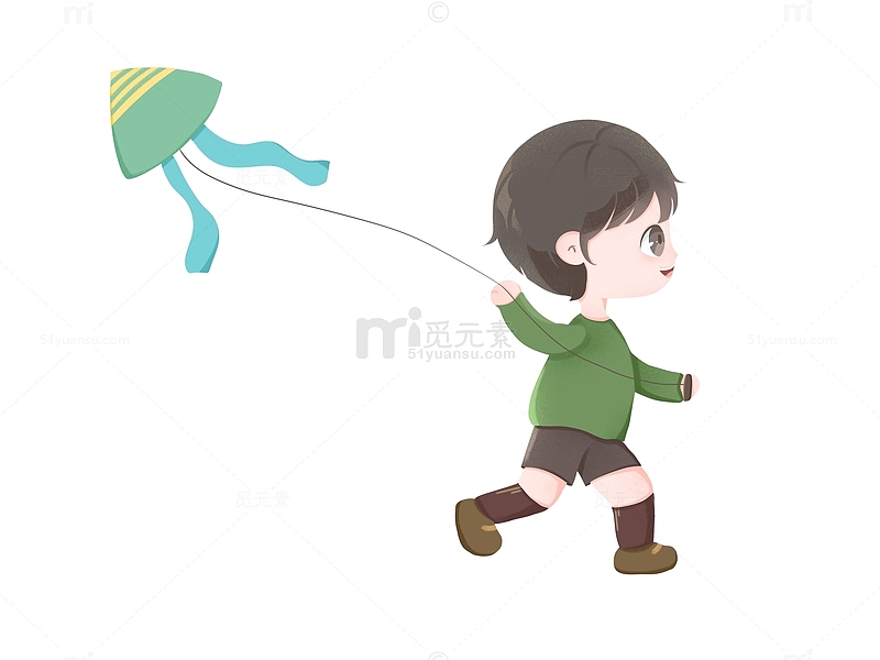 春天野外踏青小男孩放风筝插画元素